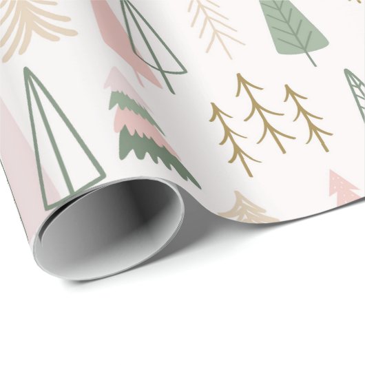 Boho Sage Groen Roze Gouden Kerstbomen Cadeaupapier (Rol Hoek)