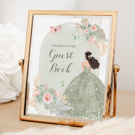 Boho Sage Groen Roze Quinceañera Gastenboek Poster