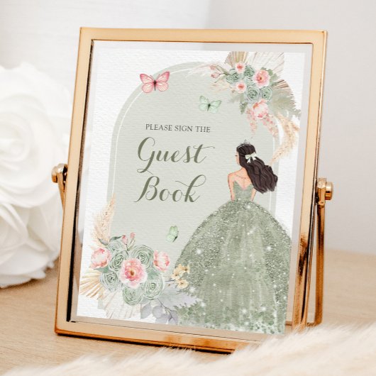 Boho Sage Groen Roze Quinceañera Gastenboek Poster