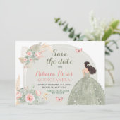 Boho Sage Groen Roze Quinceañera Save The Date Kaart (Staand voorkant)