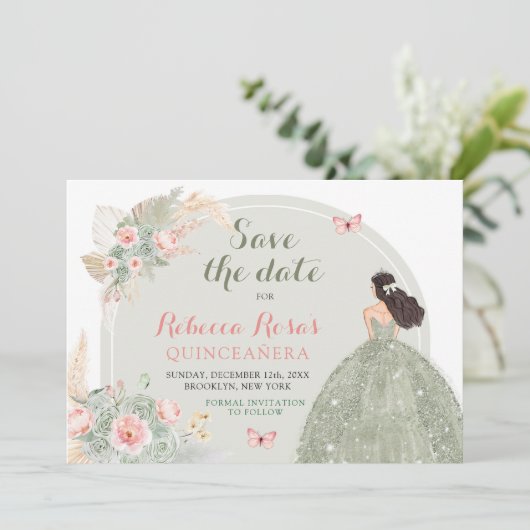 Boho Sage Groen Roze Quinceañera Save The Date Kaart (Staand voorkant)