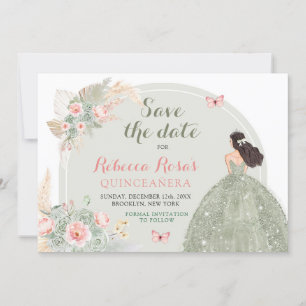 Boho Sage Groen Roze Quinceañera Save The Date Kaart