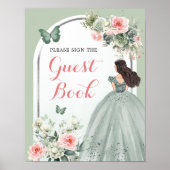 Boho Sage Groen Roze Rozen Mis 15 Años Gastenboek Poster (Voorkant)