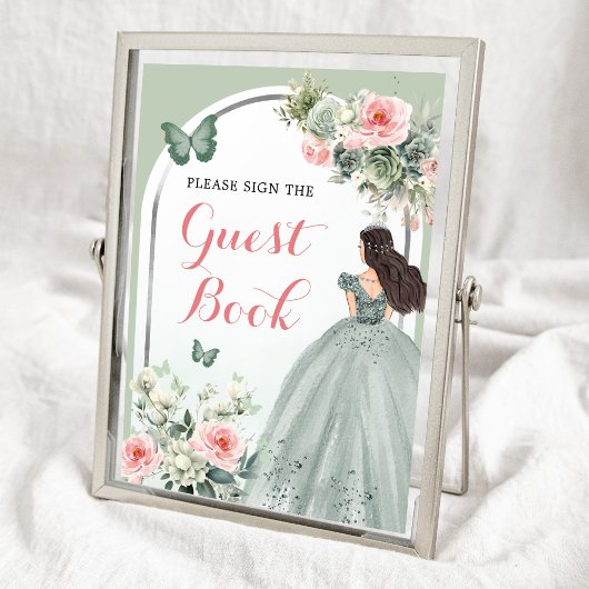 Boho Sage Groen Roze Rozen Mis 15 Años Gastenboek Poster