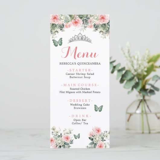 Boho Sage Groen Roze Rozen Prinses XV Años Menu (Staand voorkant)