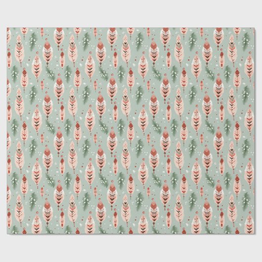 Boho Sage Groen Roze Veren Bomen Kerstmis Cadeaupapier (Vlak)