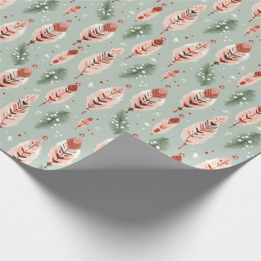 Boho Sage Groen Roze Veren Bomen Kerstmis Cadeaupapier (Hoek)