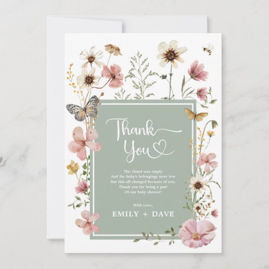 Boho Sage Groen Roze Wildflower Garden Baby shower Bedankkaart (Voorkant)