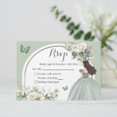 Boho Sage Groen Wit Rozen Prinses XV Años Beantwoo RSVP Kaartje (Staand voorkant)