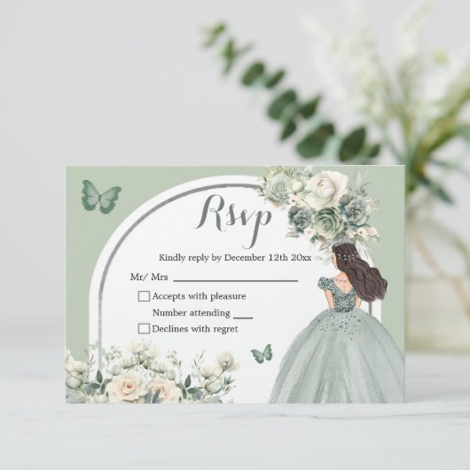 Boho Sage Groen Wit Rozen Prinses XV Años Beantwoo RSVP Kaartje (Staand voorkant)