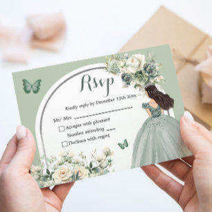 Boho Sage Groen Wit Rozen Prinses XV Años Beantwoo RSVP Kaartje