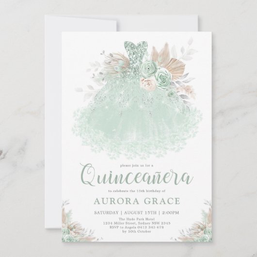 Boho Sage Groen Zilver Quinceañera Prinses Jurk Kaart (Voorkant)