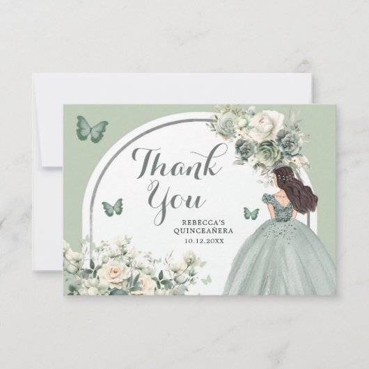 Boho Sage Groene Bloemen Prinses Quinceañera Bedankkaart (Voorkant)