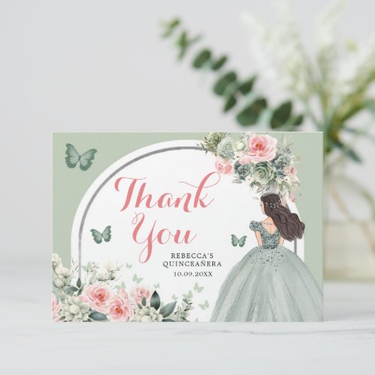 Boho Sage Groene Bloemen Prinses Quinceañera Bedankkaart (Staand voorkant)
