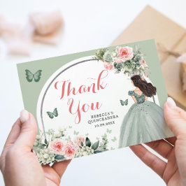 Boho Sage Groene Bloemen Prinses Quinceañera Bedankkaart