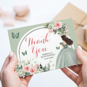 Boho Sage Groene Bloemen Prinses Quinceañera Bedankkaart