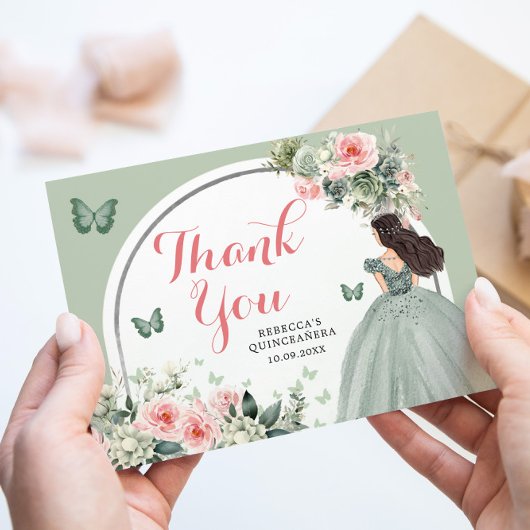 Boho Sage Groene Bloemen Prinses Quinceañera Bedankkaart