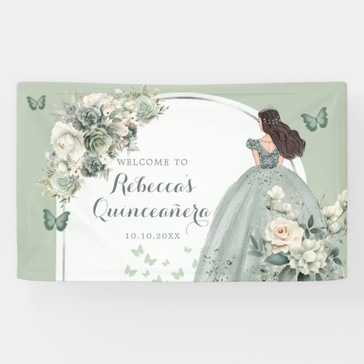 Boho Sage Groene Bloemen Prinses Quinceañera Groot Spandoek (Horizontaal)