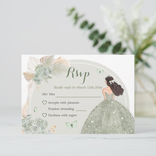 Boho Sage Groene Bloemen Prinses Quinceañera RSVP Kaartje (Staand voorkant)