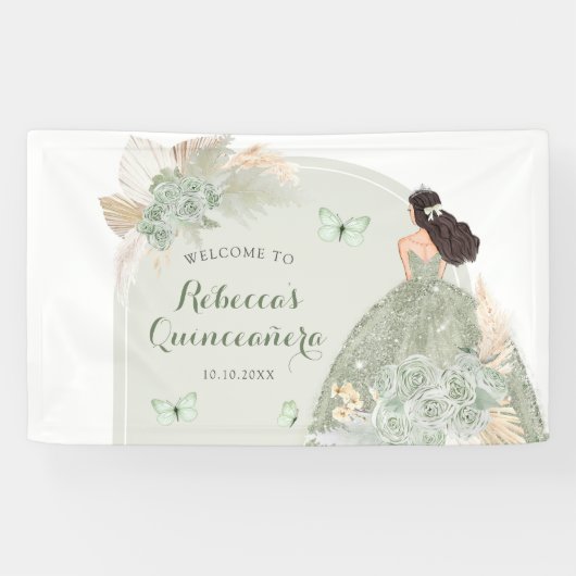 Boho Sage Groene Bloemen Quinceañera Grote Banner (Horizontaal)