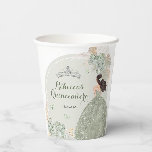 Boho Sage Groene Bloemen Quinceañera Papieren Bekers (Achterkant)