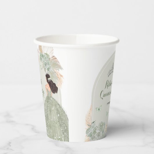 Boho Sage Groene Bloemen Quinceañera Papieren Bekers (Links)
