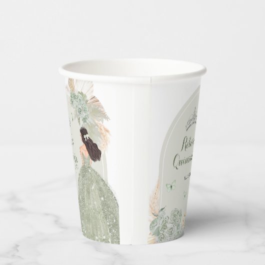 Boho Sage Groene Bloemen Quinceañera Papieren Bekers (Rechts)