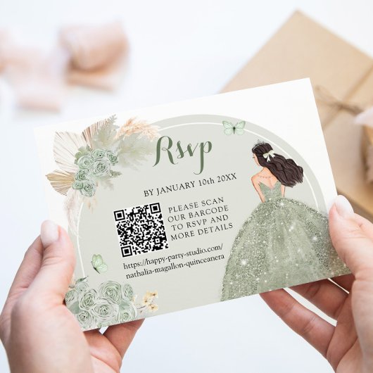 Boho Sage Groene Bloemen Quinceañera QR RSVP Kaartje
