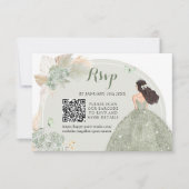 Boho Sage Groene Bloemen Quinceañera QR RSVP Kaartje (Voorkant)