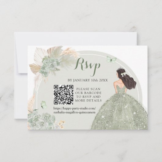 Boho Sage Groene Bloemen Quinceañera QR RSVP Kaartje (Voorkant)