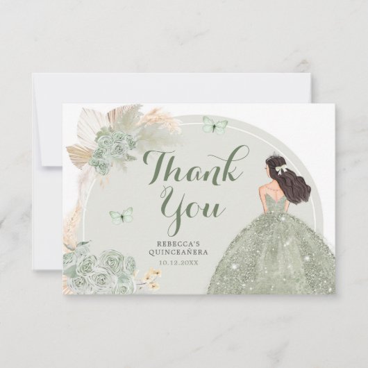 Boho Sage Groene Bloemenkroon Prinses Quinceañera Bedankkaart (Voorkant)