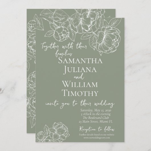 Boho Sage Groene Botanische Bloemen Moderne Huweli Kaart (Voorkant / Achterkant)