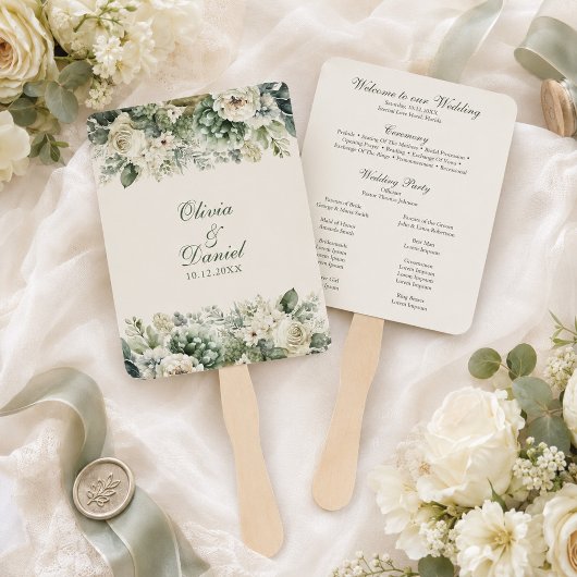 Boho Sage Groene en Ivoor Bloemen Trouwprogramma Handwaaier