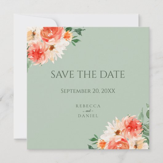 Boho Sage Groene en Oranje Bloemen Bruiloft Save The Date (Voorkant)