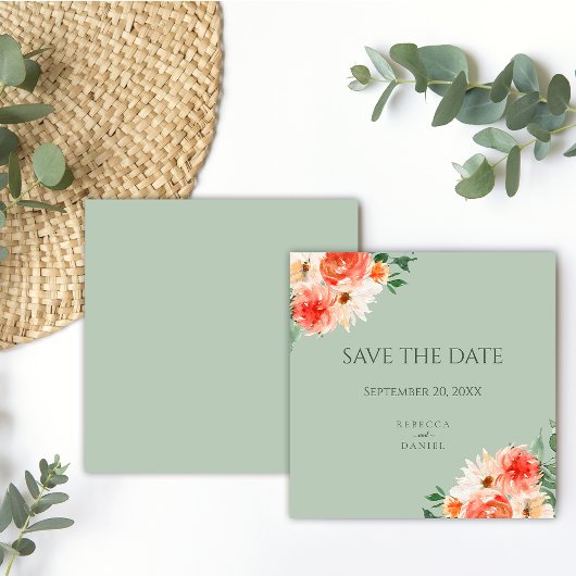 Boho Sage Groene en Oranje Bloemen Bruiloft Save The Date