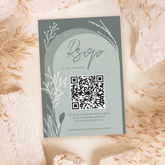 Boho sage groene floral Qr code script bruiloft RSVP Kaartje