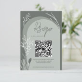 Boho sage groene floral Qr code script bruiloft RSVP Kaartje (Staand voorkant)