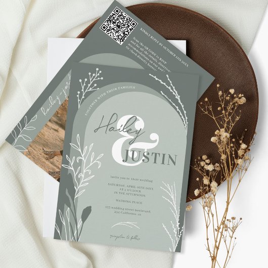 Boho sage groene foto namen script bruiloft kaart