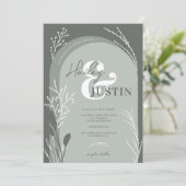 Boho sage groene foto namen script bruiloft kaart (Staand voorkant)