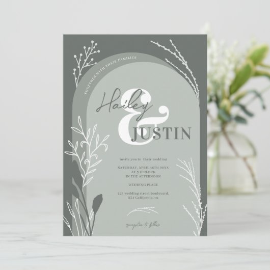 Boho sage groene foto namen script bruiloft kaart (Staand voorkant)