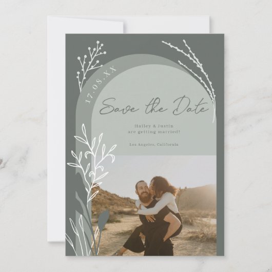 Boho sage groene foto namen script bruiloft save the date (Voorkant)
