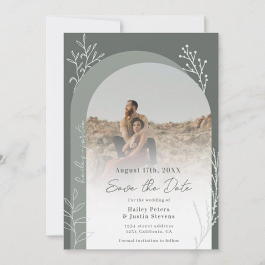 Boho sage groene foto namen script bruiloft save the date (Achterkant)