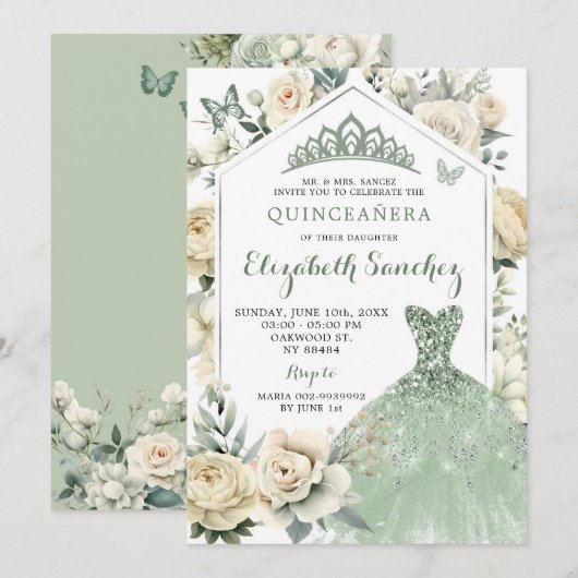 Boho Sage Groene Ivoor Quinceañera Royale Kaart (Voorkant / Achterkant)