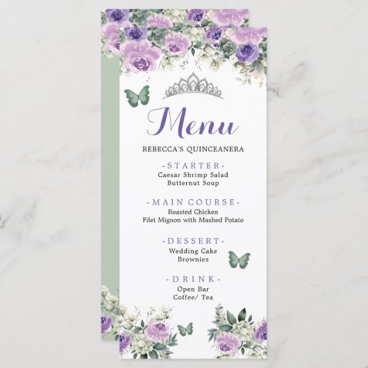 Boho Sage Groene Lliac Rozen Princess XV Años Menu (Voorkant / Achterkant)