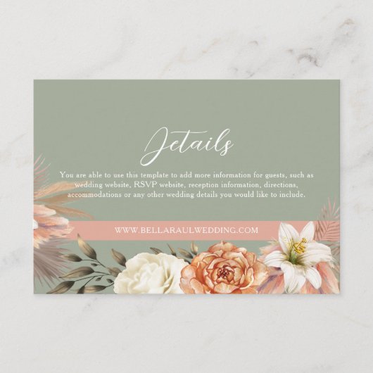 Boho Sage Groene Perzik Bloemen Trouwdetails Kaart (Voorkant)