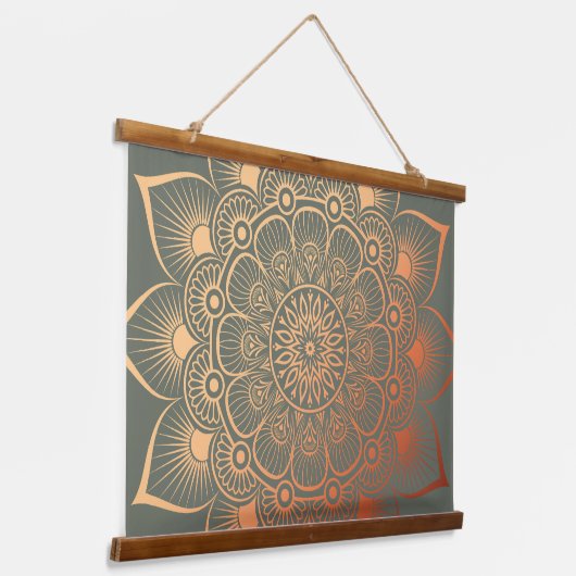 Boho Sage Groene Perzik Mandala Hout Topped Hangend Wandkleed (Gebogen)