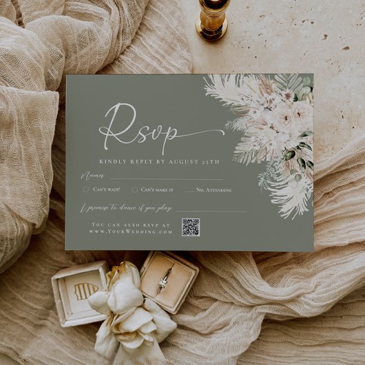 Boho Sage Groene QR Code Huwelijk RSVP Antwoordkaa Kaartje