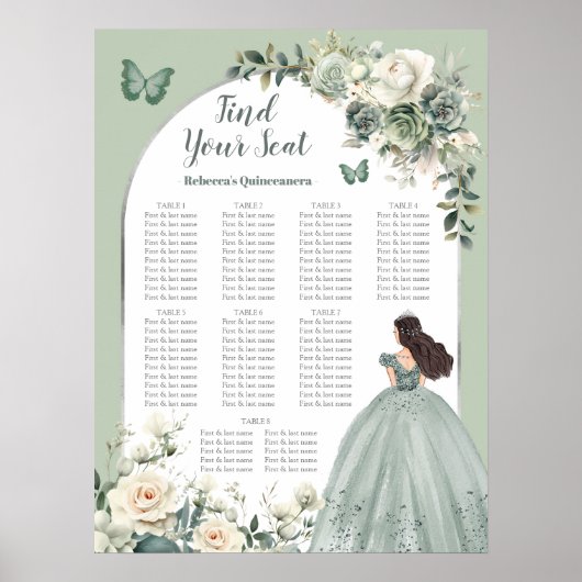 Boho Sage Groene Quinceañera Zitkaarten Teken Poster (Voorkant)