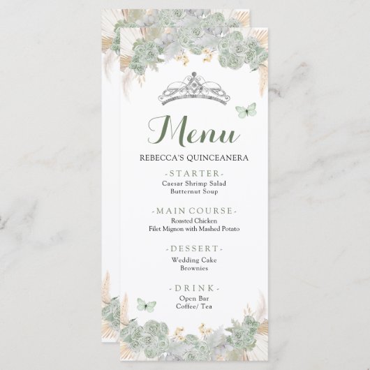Boho Sage Groene Rozen Royal Quinceañera Menu (Voorkant / Achterkant)
