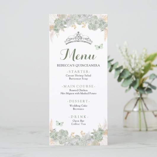 Boho Sage Groene Rozen Royal Quinceañera Menu (Staand voorkant)